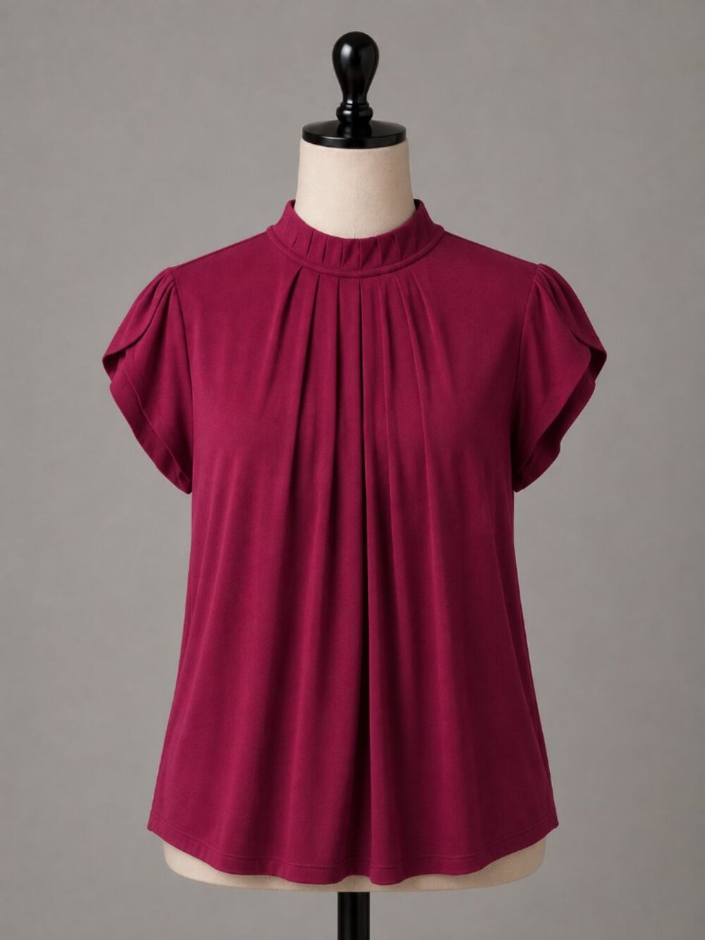 Elle Berry Pleated Mock Neck Cap Sleeve Top L